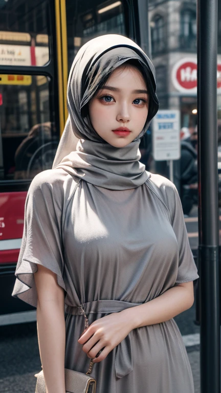 ((Thick lips:1.6)), ((((HALF BODY  PORTRAIT)))), Naked, (((VERY SHINY SKIN))), Very cute like a baby face, ((Stylish Hijab)), adorable, 1 korean girl, 20 years old, matured face, shy, half body portrait,smile,  (face details: 1), (eye details: 1), ((round large breasts, cleavage)), slim body, Cute posed. proportional body. Ultra High Res. (realistic: 1.9), UHD, ((SHINY SKIN :1.5)), Smooth silk light purple hijab covering her chest, wearing nothing but hijab, ((no clothes)), naked, (bog breasts 1.6), erected nipples, Half body shot, side view, looking forward