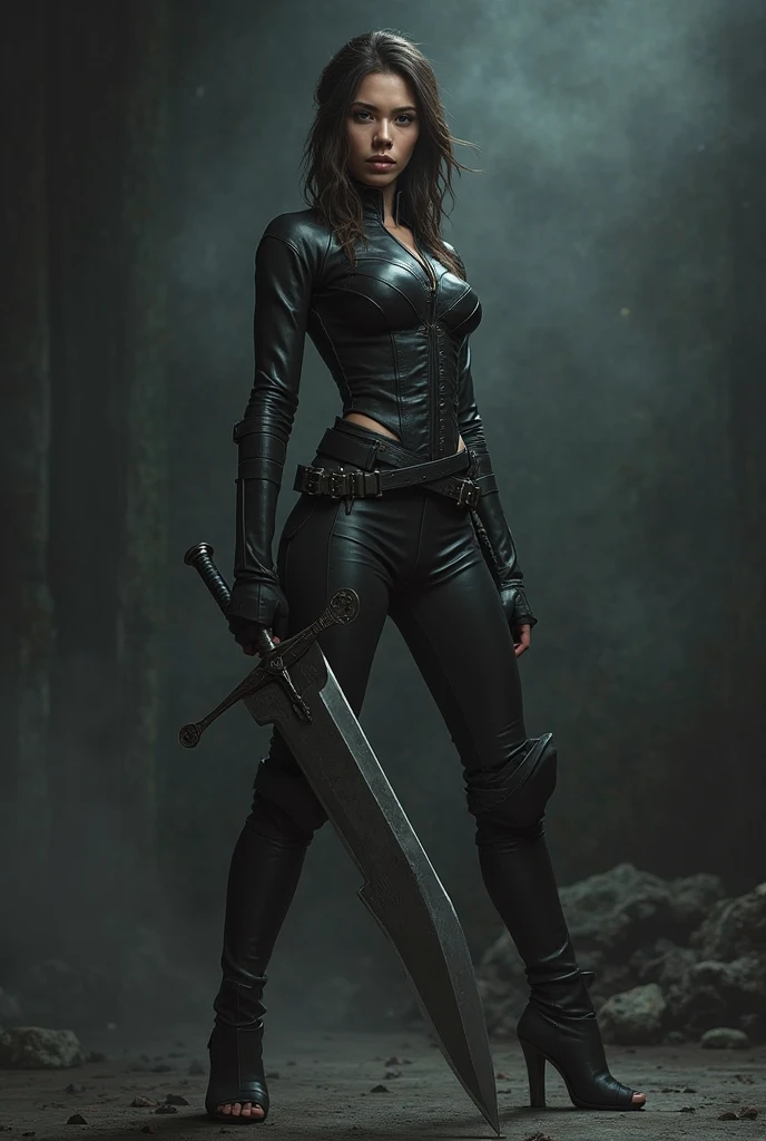 make a beautiful gothic blasian female gunslinger with katanas attached to her back. she has on leather pants, her hair is in a shoulder length bob and she has red eyes. 1800s