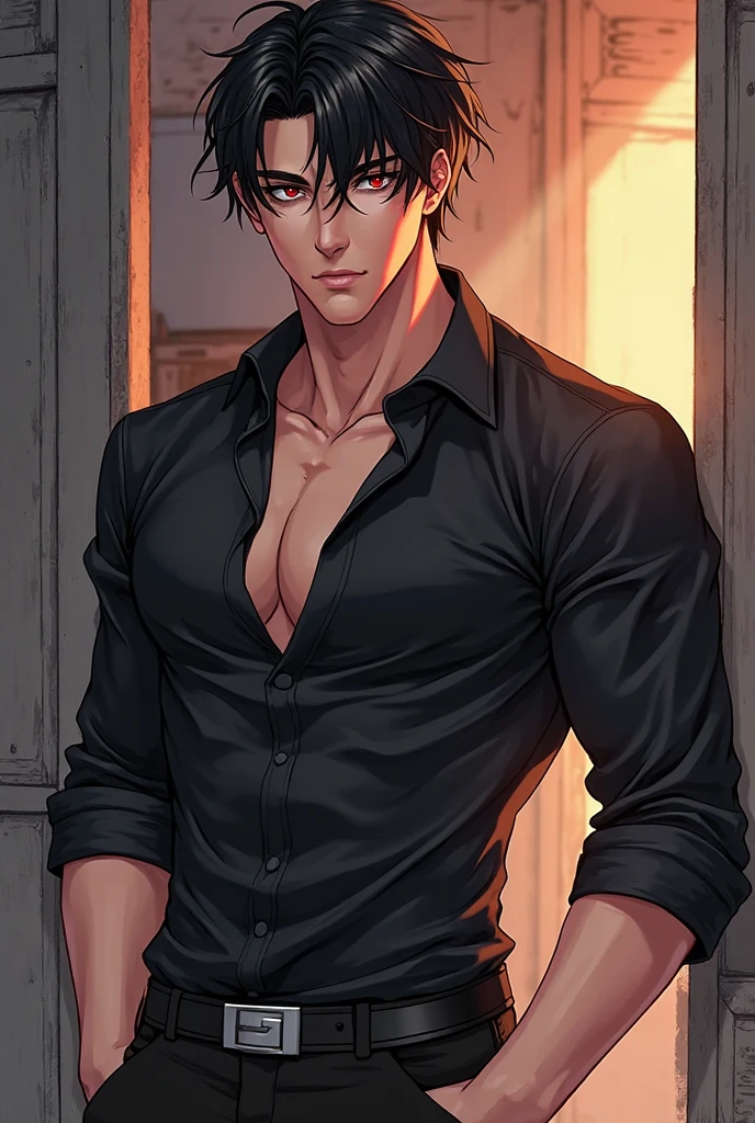 Hot tall muscular male, tall body, sexy body, the man has his hands unbuttoning his white shirt, big pecs, Happy threal
