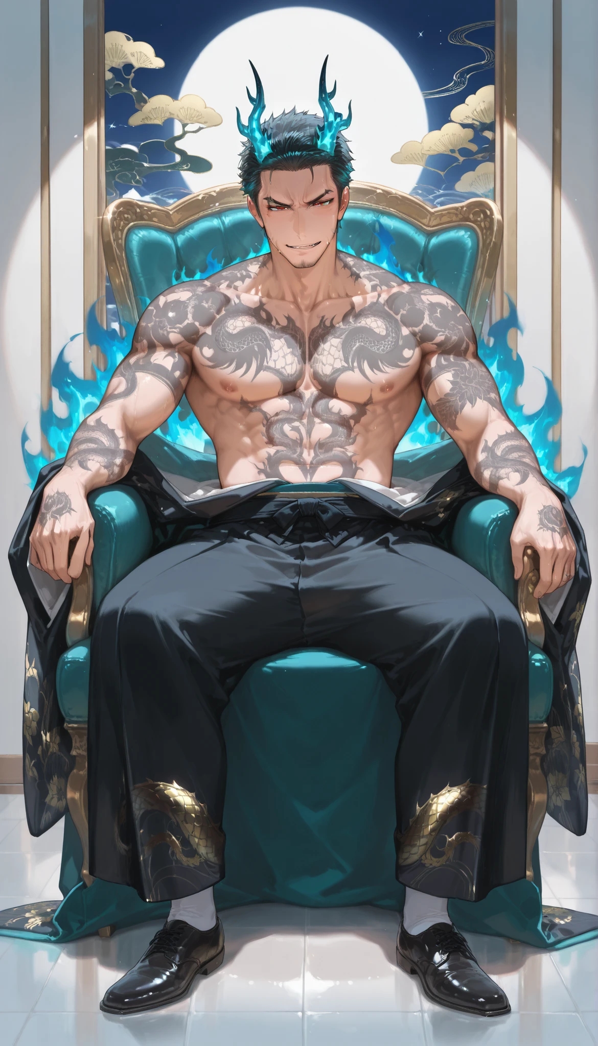 boy , black kimono with Japanese dragon pattern、sitting on the japanese chair, topless, yakuza body tattoo, dragon aura
