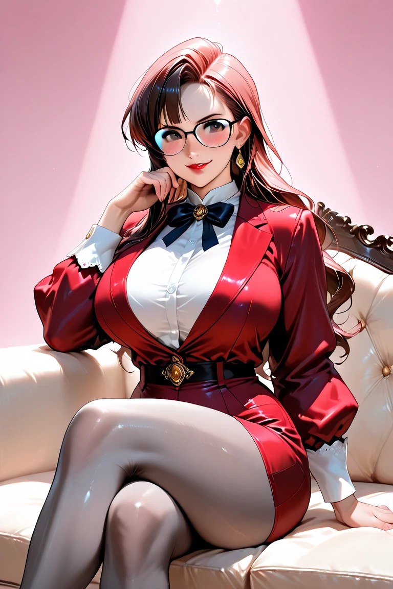 slim latina, burgundy hair, ((high ponytail)), medium wavy pony, blunt bangs, light skin, brown eyes, smiling, red lipstick (bimbo lips), ((wearing red glasses)), slim waist, big breasts (giant breasts:1.3), (white attire) wearing white blouse and stockings, (puffy long sleeves), ((red ribbon, necktie)), black leather skirt, waist belt, wide hips, leans forward (on sofa), from front, facing viewer, inside a mansion, dim lights, ambient lighting, wide shot ((masterpiece, ultra high res)