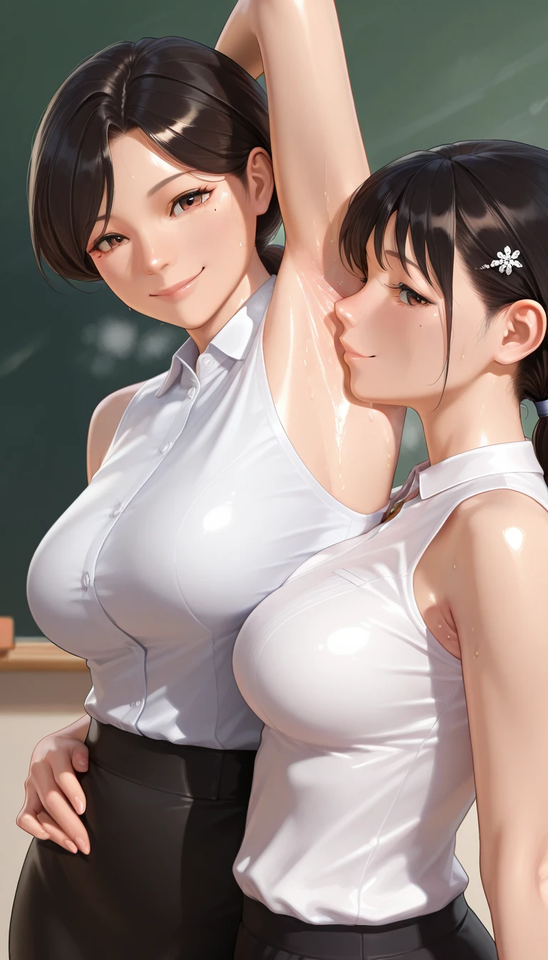1lady solo, sitting, office worker, ((navy vest:1.1) over gray sleeveless dress shirt), mature female, /(dark brown hair/), kind smile, (masterpiece best quality:1.2) delicate illustration ultra-detailed, sagging huge breasts, bowtie BREAK (modern office) indoors, (reception desk), (stylish company logo on wall) , detailed background, ((showing hairy armpit hair)), hand behind the head