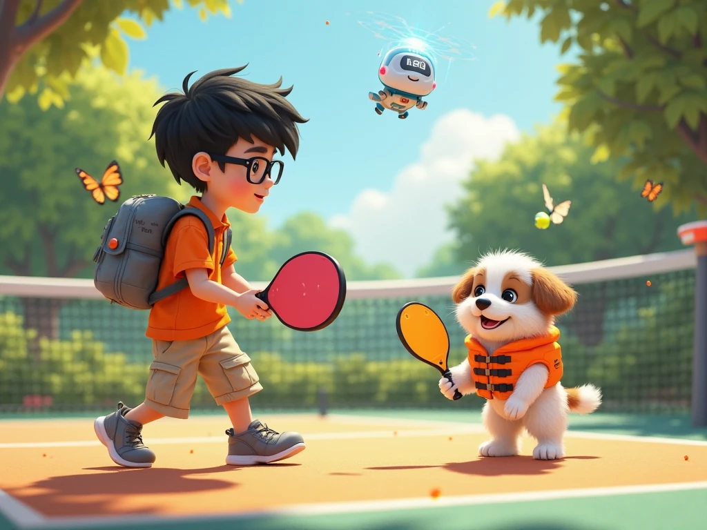 Make a picture of an athlete boy playing badminton on the court with his dog. It must be an indoor activity with a calm environment surrounded by plenty of trees and flowers. The boy is wearing a blue jersey, the same as his pet with a number of 8. Then there is a water bottle outside the court and some snacks. The movement of the dog must be smashing a shuttlecock, and then the dog will jump to catch the smash.