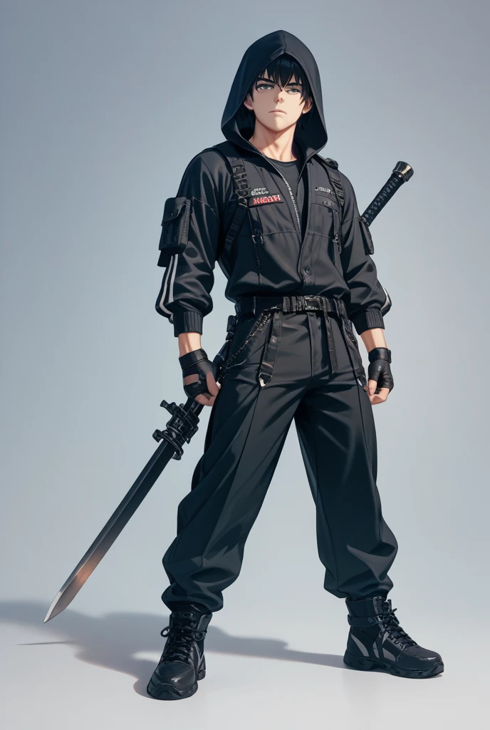 a tall anime man, with a very healthy physique with muscles, with white skin, with a red eyes, medium and slightly messy black hair, with a kind of long gray jacket with some buttons, and behind her dressed in a black costume covering her skin, and at the bottom dressed in huge gray pants, and boots, and on his back is located his energized scythe.