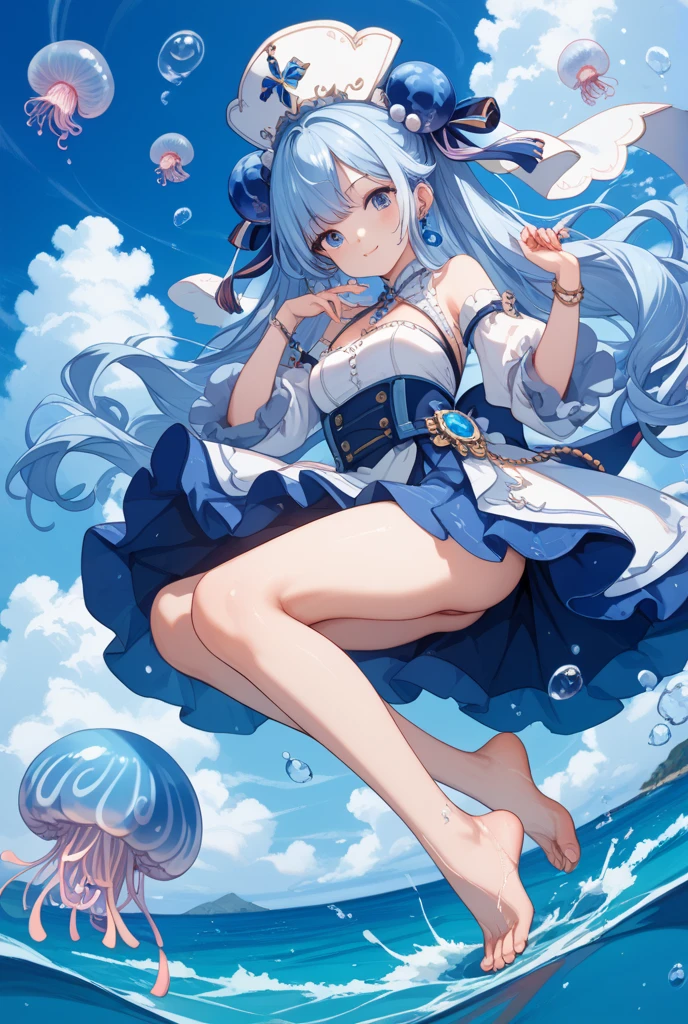 1 small curved loli,blue hair,15 years old,dwarf,Lie at the bottom of the sea,full bodyesbian,Beauty wears transparent gel coat,The perfect figure reveals a slender waist,The lines are perfect,Raised sexy,Blushlush,Hands touch the inner thighs,The shoulders and navel are clearly visible,View from above,