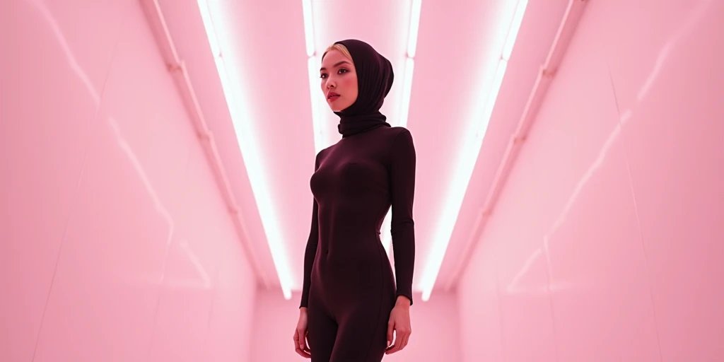 A girl wearing hijab . Innocent face. Long leg. Wearing full body black latex suit. High quality. High resolution