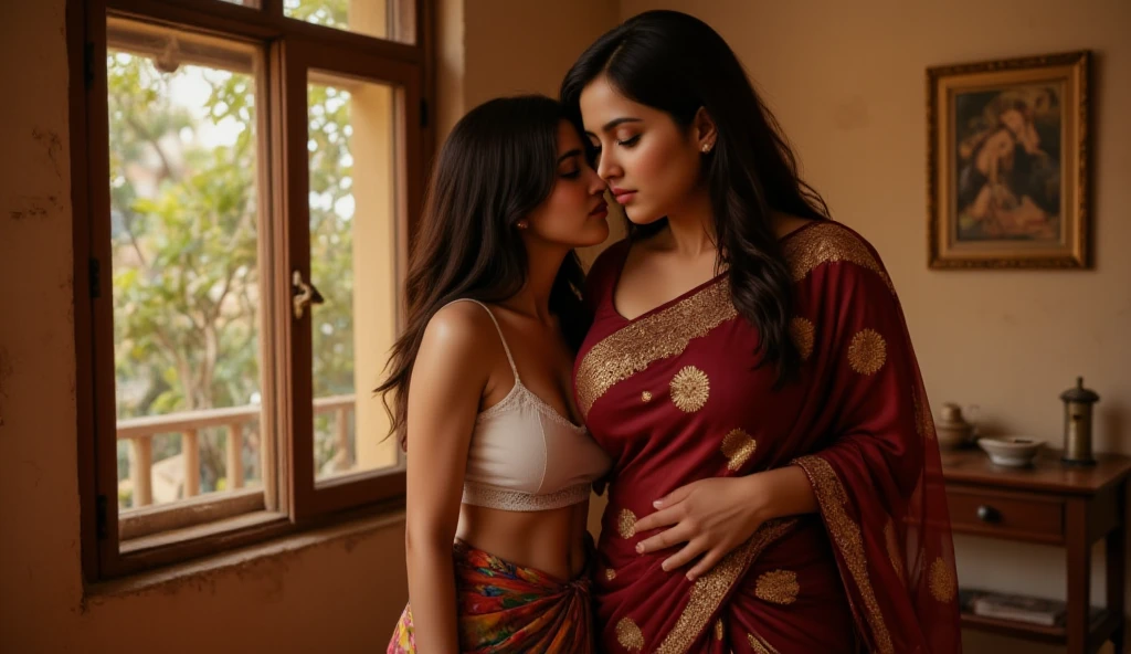 Curvy south indian actress (((Anu sithara))) saree blouse kissing a young boy 