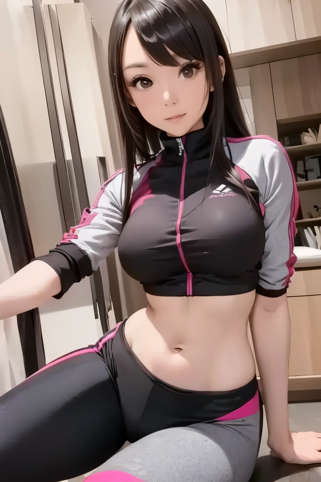 Anime girl in uniform talking on mobile phone, iwakura lain, nagatoro, magical school student uniform, Hinata Hyuga, visual novel cg, nishimiya shouko, Smooth Anime CG Art, Rei Hiroe, shikamimi, yuyushiki, 4k highly detailed realistic, Photo of a beautiful 18-year-old Anglo-Saxon sweaty girl ((Sharp jawline)) and perky tits, Wearing wet clothes standing by the bedroom window、In a skyscraper with white walls、In a wet sports bra with a deep neckline