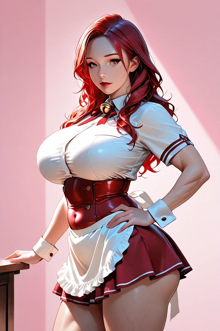 1girl, young asian woman teen, 18 years old, ((red wavy hairs with side bang)), long (high ponytail), long ((((green)) pleated skirt)) with single slit on the side, long green skirt, long skirt, ((white kimono top)), long sleeves, huge round fakebreasts, tiny waist, ((deep open v-cleavage)), tanned skin, tan, (sultry mesmerizing blue eyes), seductive smile, (red stocking), leaning foward, long green side-open skirt, panties