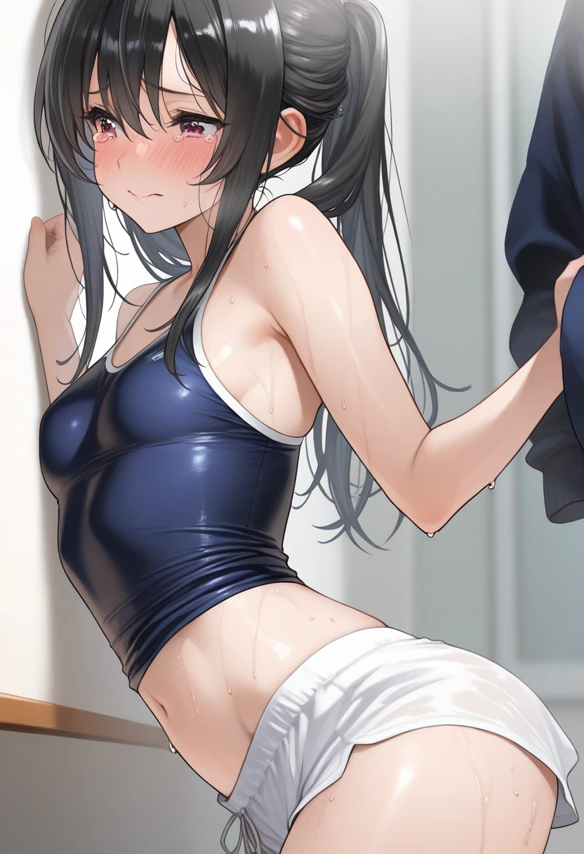 (((masterpiece, Highest quality:1.5,absurdres))),nsfw,yuri,orgasm、Two 25-year-old beauties,(A woman with dark blue and dark brown hair),((very small head:1.3)),long hair,bangs,dark blue eyes,gorgeous eyes,blush,Heavy breathing,medium breasts,((very long body:1.4)),((toned body,slender body)),skinny,(((tan skin:1.3))),gleaming skin,shiny skin,sweat:1.5,(White sports bra、navel、vagina,bottomless、Spurting love juice),kneeling,spread legs,During training、sports gym、