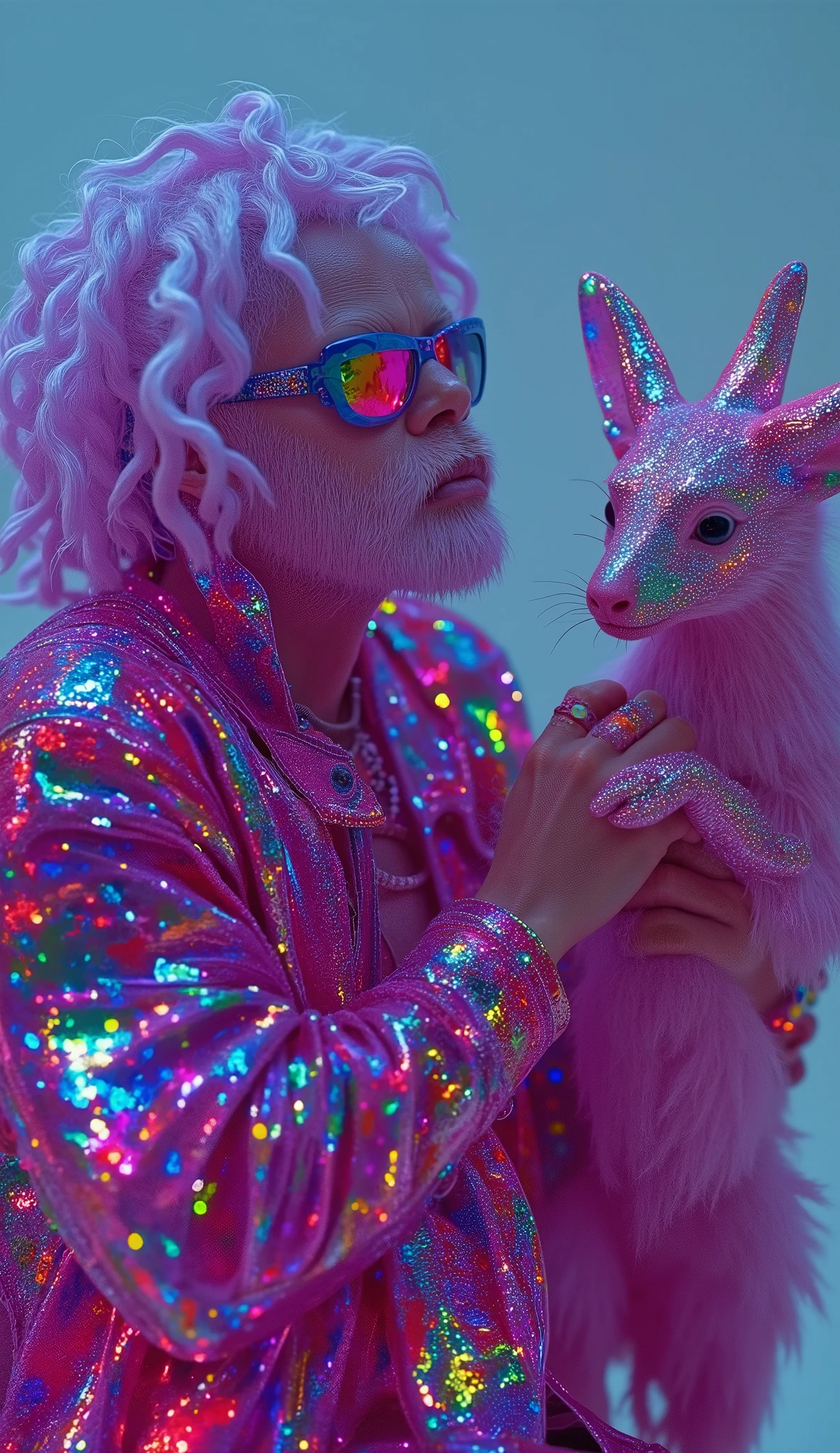 Strange and sinister African human albinos, with exotic predatory animals, friendly caress the beasts. hyperrealistic artist, inst ax, playful performance art, atmospheric installations, iconic fashion, colorful costumes, Supercolor Intense, solar punk. Coherent and dynamic movement. hyperrealistic, cinematic lighting, hyper-detailed, 8K. masterpiece.
