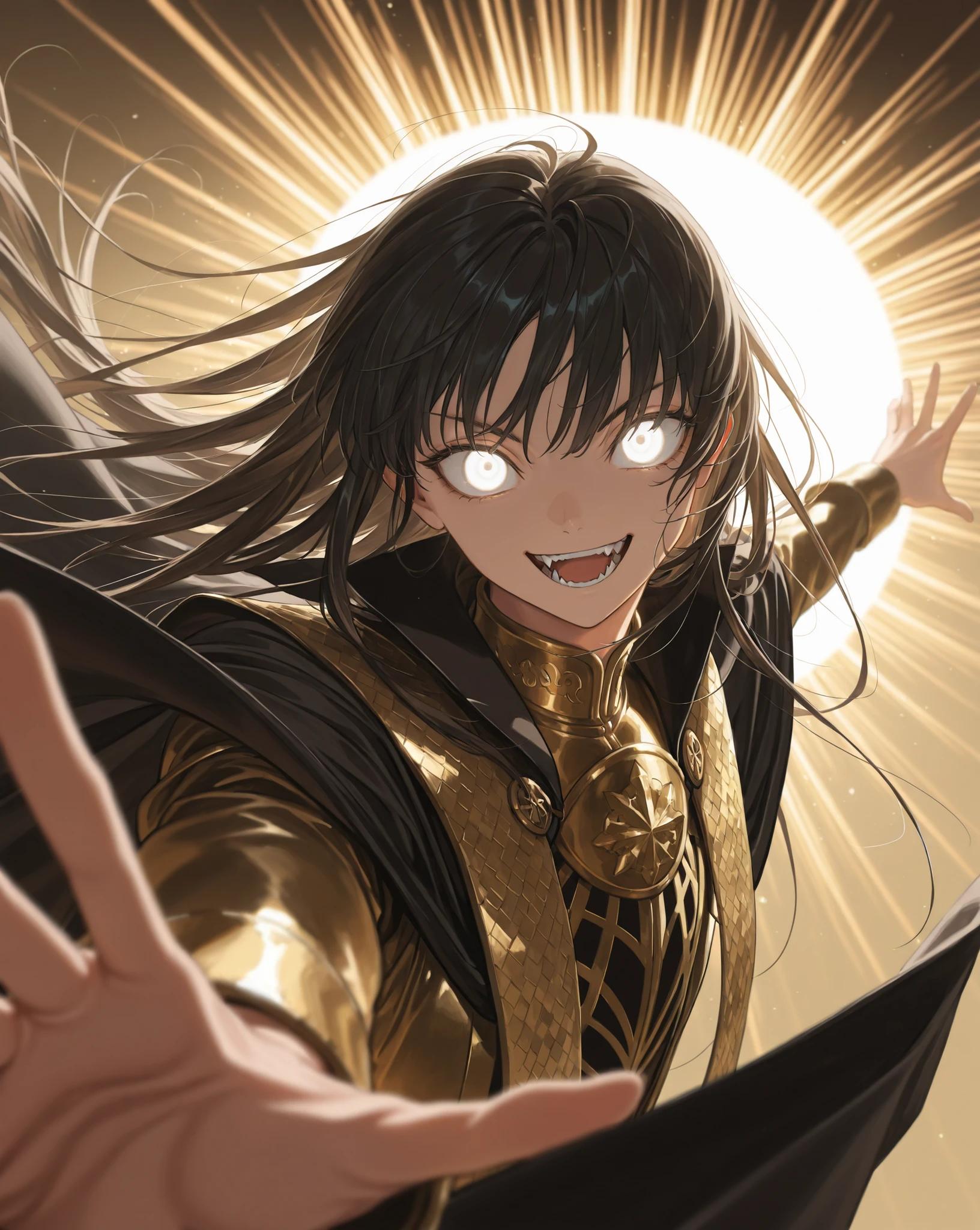 dynamic pose, action shot, masterpiece, dramatic lighting, deep lighting, god rays, best quality, amazing quality, very aesthetic, high resolution, ultra-detailed, absurdres, (hands:-0.33),
(1man:0.13), solo, (quarter shot, close up shot:1.19), portrait, face focus, young youthful, long hair, black hair, glowing eyes, white eyes, open mouth smile, golden noble clothes, black cape, femboy, sharp teeth, fangs, BREAK, depth of field, volumetric lighting