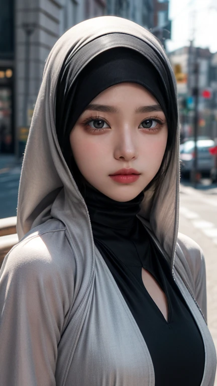 ((closeup: 1.5)), (realistic photos of Hijab Korean female, slightly smile,expressive eyes,eye makeup,airport background,standing posture,confident attitude,Eye-Level Shot, slightly blurry background,UHD,masterpiece:1.2,highres,16k), long Jeans