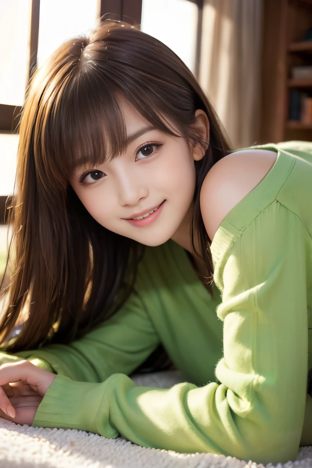 (masterpiece, best quality:1.1), (8k, raw photo, photo realistic:1.2, f22), (shiny skin), detailed skin,long hair,ribbon,detailed face, detailed eyes,smile,BREAK, real world, intricate details, smil, BREAK, 1girl, full body,(short sleeve,dress,green),BREAK, (sofa:1.4)