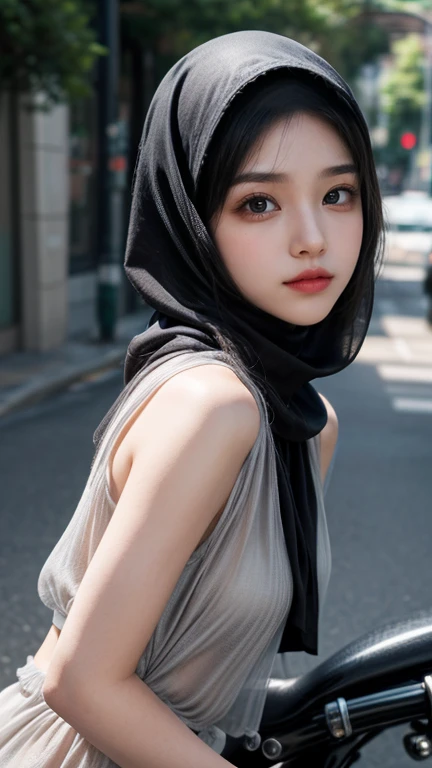 masterpiece, top-quality, 8K, absurderes, a beauty girl, (full body shot), kawaii, Street, (fullnude:1.5), wearing black pasmina hijab, hijab, A slender, No makeup, bukkake, Near and far law, depth of fields, A hyper-realistic, hight resolution, a picture, foco nítido, nffsw, face lights, 动态照明, Highest detail, Extreme details、ultra-detailliert、detaile、authentic skin、delicated facial features、Easy Negative