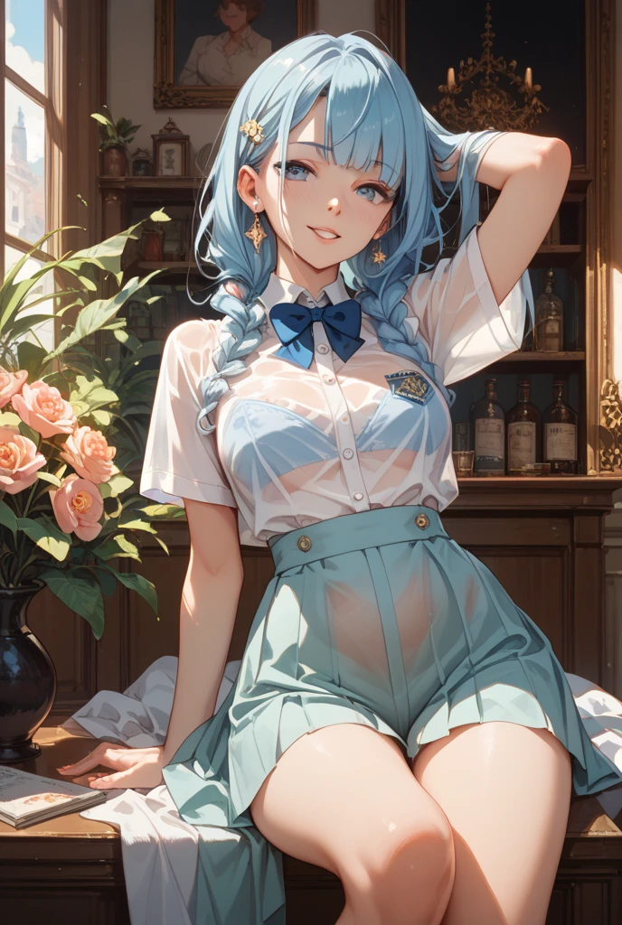 girl, blue hair,classroom, summer, perfect quality, clear focus (Clutter - Home: 0.8), (masterpiece: 1.2) (realistic: 1.2) (Bokeh) (highest quality) (fine skin: 1.3) (intricate details) (8K) (eye for detail) (sharp focus), (Happy),covering breasts with hands,Super plump and firm big breasts,(saggy breasts, bewitching body: 1.2)