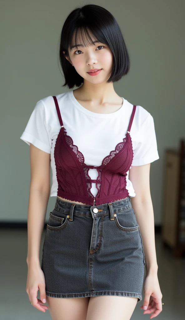 Bright lighting,Iridescent Reflection,locker room,(Highest quality, Very detailed, masterpiece:1.2), 1 female, Very thin body, length, Thin legs, ((Black wavy short hair:1.2)), ((Thick and fluffy bangs)), Very detailedな顔,A faint smile, small, Thin Nose, small thin mouth, Extremely sharply focused eyes, Japanese, Beautiful Face, Realistic eyes, Beautiful and beautiful eyes, Realistic Skin, Beautiful Skin, charm, (Lively Faces), Beautiful Hairstyles,In underwear,(Plain T-shirt,Panties Panty Pull)