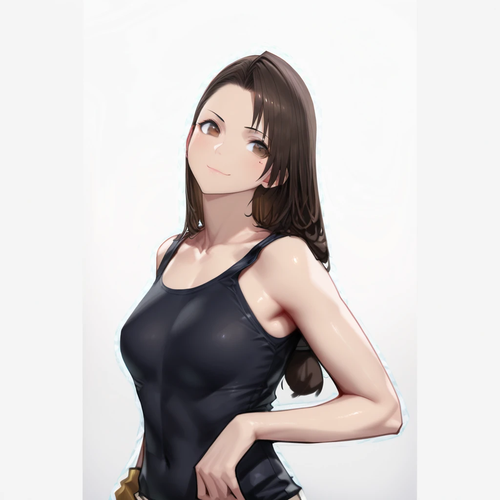 masterpiece, best quality, aya brea, looking at viewer, large breasts, upper body, portrait, seductive smile, put your hands behind your head, armpits, armpits visible, sweaty armpits, wearing black tanktop