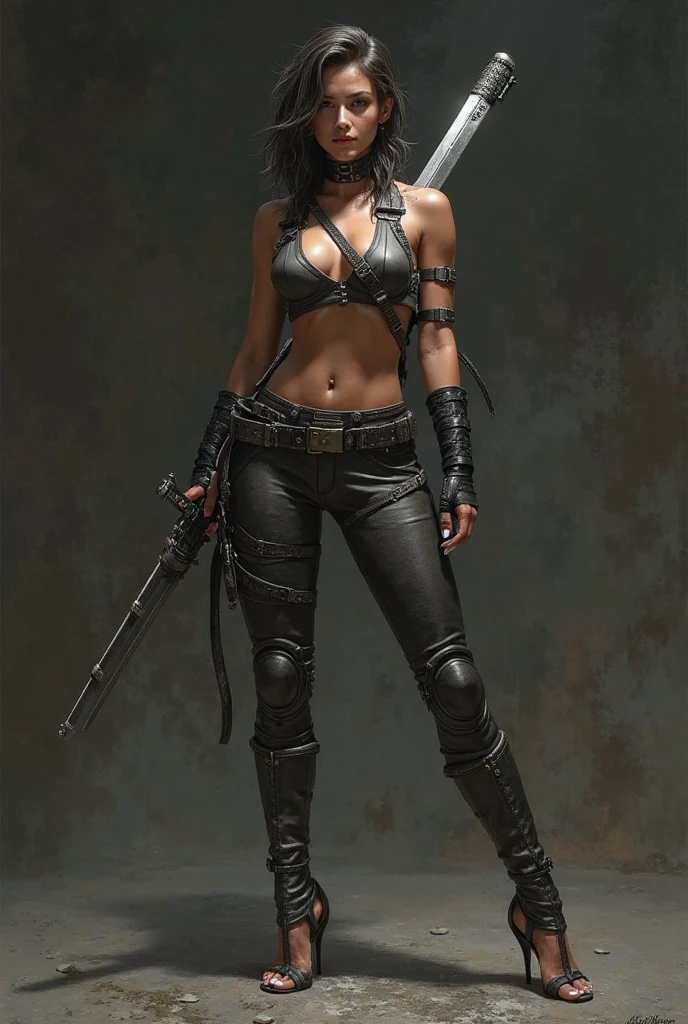 Gere uma imagem detalhada da personagem Mara, also known as 'Mara Death Dealer', do jogo Call of Duty: Guerra moderna. Describe its appearance, corpo inteiro, fisionomia cruel, micro bikini, na praia, sol poente, palmeiras, corpo escultural, flowing hair, [Equipamentos de ouro ((metralhadoras, Granadas, Accessories))], personalidade cruel