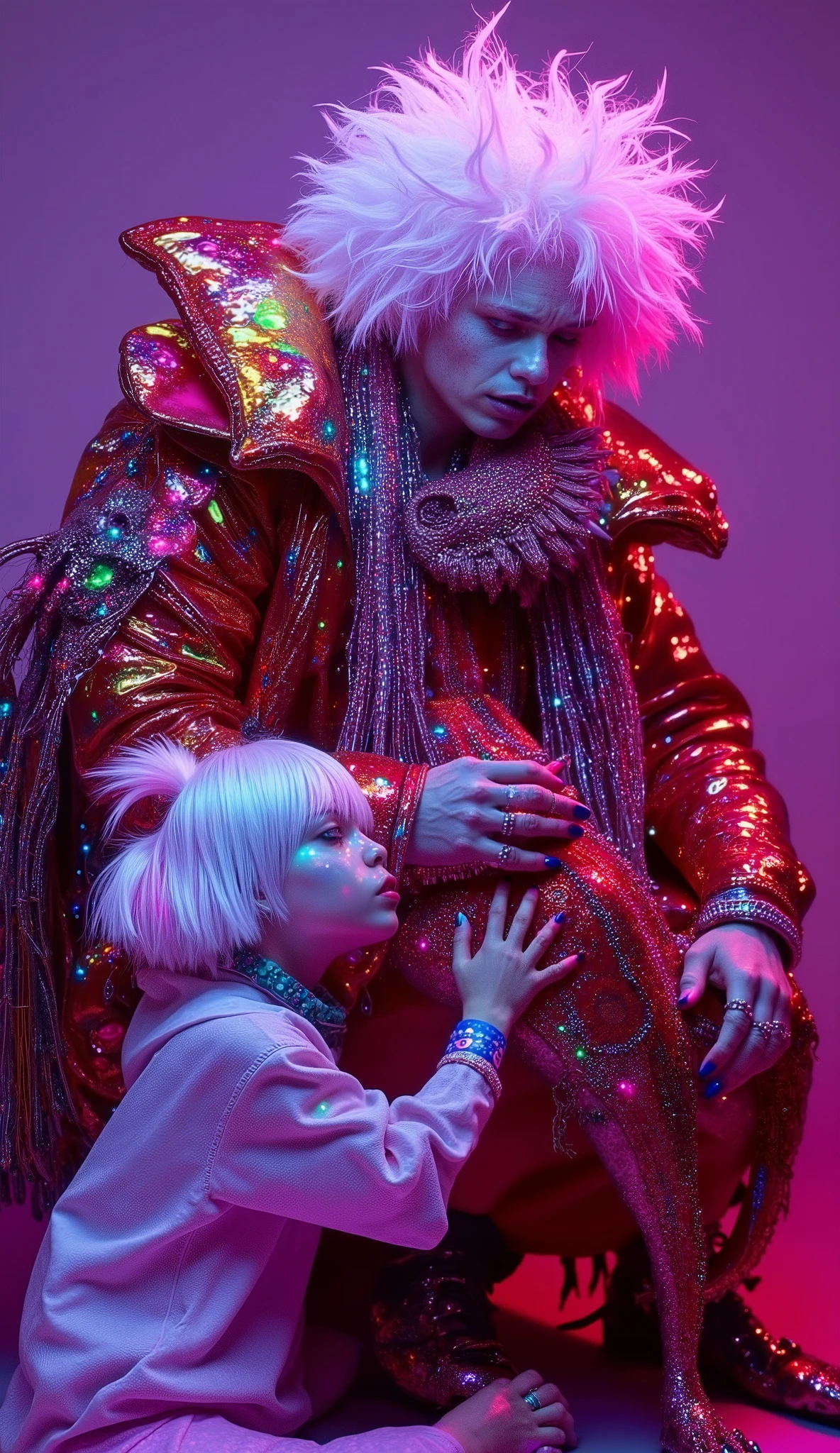Strange and sinister African human albinos, with exotic predatory animals, friendly caress the beasts. hyperrealistic artist, inst ax, playful performance art, atmospheric installations, iconic fashion, colorful costumes, Supercolor Intense, solar punk. Coherent and dynamic movement. hyperrealistic, cinematic lighting, hyper-detailed, 8K. masterpiece.