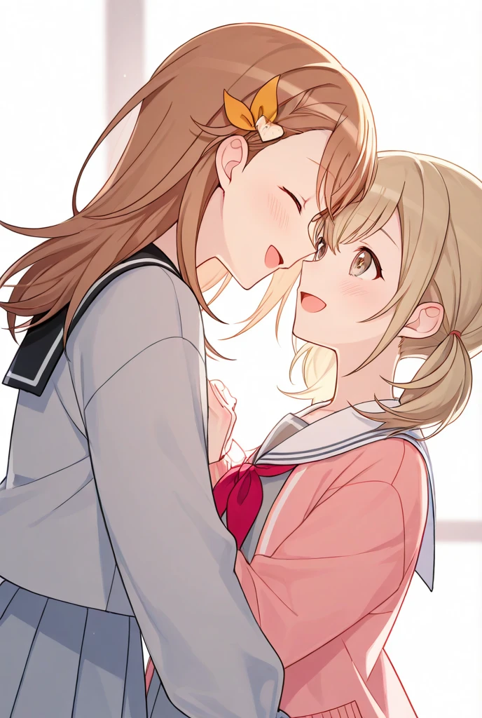 (high quality, 8k, 4K, High Contrast, masterpiece:1.2, 最high quality, Best aesthetics), 2 girls, Blonde hair and lilac eyes, Brown hair and brown eyes, Blushing, Embarrassment, Sailor suit, mini skirt, French kiss, Kiss on the mouth, Tongue kiss, Intimate, Browsing Caution, saliva, bedに腰かけて, blushed, close your eyes, night, Dim lighting, bed, Silk sheets, cushion, Alone in a room...