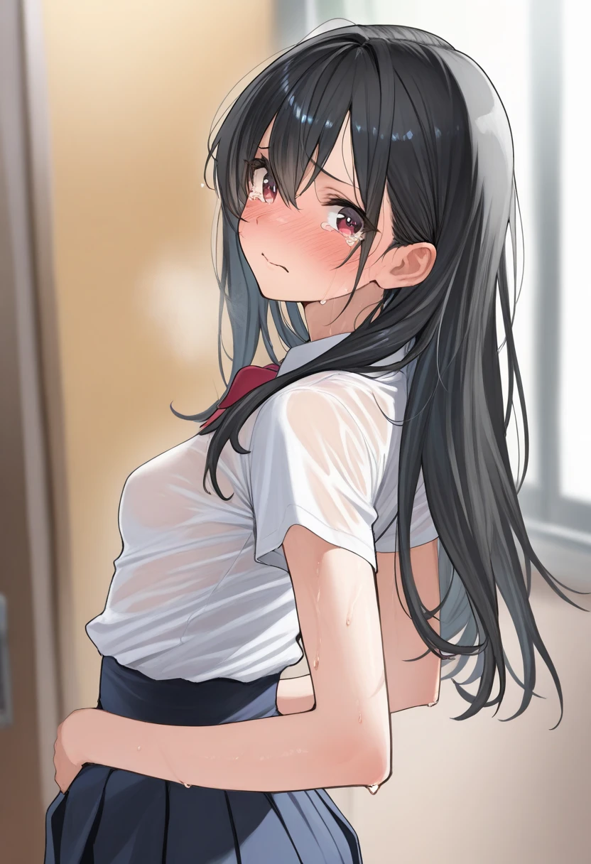 Yukimi, 10., Blunt bangs,Shortcuts,Black Hair,,Flat Chest, Expressionless, shy, whole body, Highest quality, School classroom、Angle from below、stand、Small bra,(Small panties:1.4)、(Masturbation:1.4)、Embarrassing,Hands Behind Back
