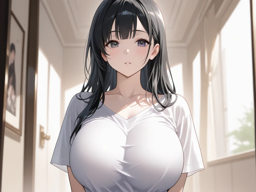 Cute , mature women, chubby cheek,realistic skin,t shirt see through nipple,realistic breast, saggy breast, nipple out,muted colours, cold lighting, pale white skin, mature women,black hair, long hair, (hair over one eye:1.4), Messy hair,straight hair,hair between eyes ,sleepy eyes ,beautiful,pucker lips,charm,pubic hair pussy,dense pubic hair, cute shy blush on