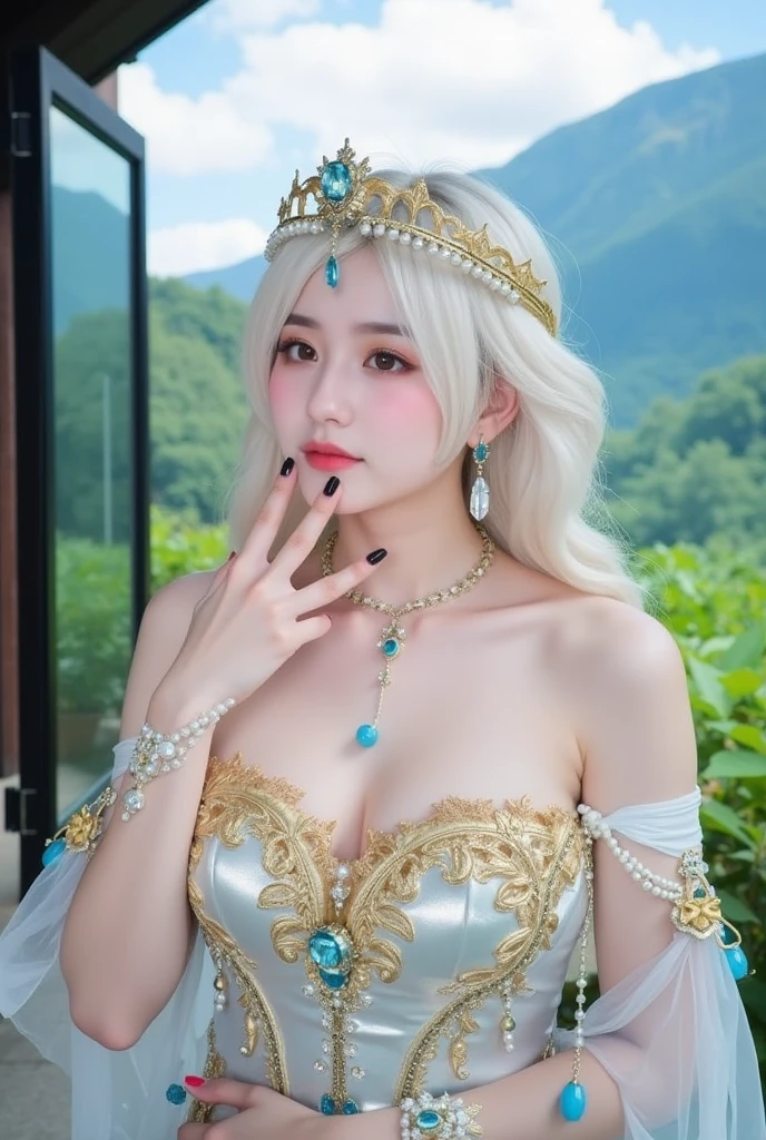 (heavy breasts)、top-quality、masterpiece、超A high resolution、(Silver Dragon Armor)、(((Colossal tits))),dragon armor、(((large floral ornament on the head))),(((Detailed Micro Bikini))),(Wearing a beautiful crown made of jewels),(Photorealsitic:1.4)、Raw photo、1人、(((Random hair))、(((Take different poses)))、glowy skin、(((White Chinese Dragon)))、Intricate and ornate hair ornaments、(Gorgeous Jewelry Necklaces)、(Mystical expression)、(Full Body Angle)、(Fight big dragons)、(Metal bikini)、((beautiful lake background)),(beautiful forest background)、Precipitous cliffs、(Castle background)、((super realistic details))、portlate、globalillumination、(sexypose)、Shadow、octan render、8K、ultrasharp、Colossal tits、Raw skin is exposed in cleavage、metals、Details of complex ornaments、Japan details、highly intricate detail、Blue eyes、radiant eyes、Facing the camera、Toostock、(Full Body Angle)、(veils)、(((Heavy Big))),((she is wearing a beautiful jeweled bangle.)),