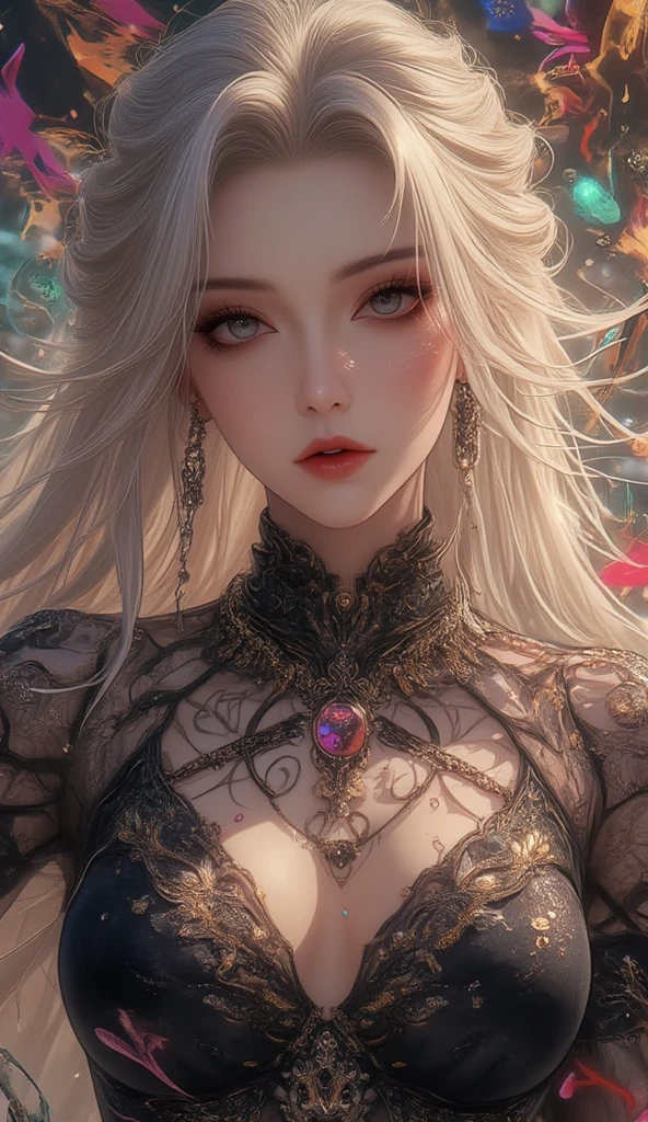 girl, Laughter, Colorful colors, surrounded by water bubbles, In kawacy style, masterpiece, Oil painting in anime style, Head close-up, Exaggerated perspective, Tyndall effect, Water Drop, Mother-of-pearl iris, holographic white, Chess Queen Costume, アニメのgirl, 美しい顔をしたgirl, White gold hair, Green Eyes, Goth Girl, ((Sexy Uniform)), Stylish and very sexy , With a funny look, Hellwalker, Embrace Death, Dark veins of blood stretch out from the darkness, tangled together, Oozing thick yellow blood, The veins grow、Pumping blood, (Chubby female body:0.8), Vascular network development, Connecting, Enlarge the, Red veins everywhere, Zdzislaw Beksiński, (Vivid colors:1.3), (Rainbow Skin:1.1), (Infrared:1.2), Super detailed, Complex, ((Dry brush, Ultra Sharp)), (Surrealism:1.4), (Anxious:1.5), Painting in the style of Bekshinsky, Devil Symbol, (whole body), フレーム内のwhole body, Center body, cute, Realistic, ((Complex details)), (Pale Gothic Evil Queen), Ebrant, Action-packed, detailed character design, Reminiscent of a fighting game, Dark veins of blood stretch out from the darkness, tangled together, Oozing dark neon rainbow blood, The veins grow、Pumping blood, Vascular network development, Connecting, Enlarge the, Red veins everywhere, Zdzislaw Beksiński, (vEbrant colors:1.1), Dynamic pose, Perfect Face, (Realistic eyes), Perfect Eyes, ((Dark Gothic Background)), Sharp focus