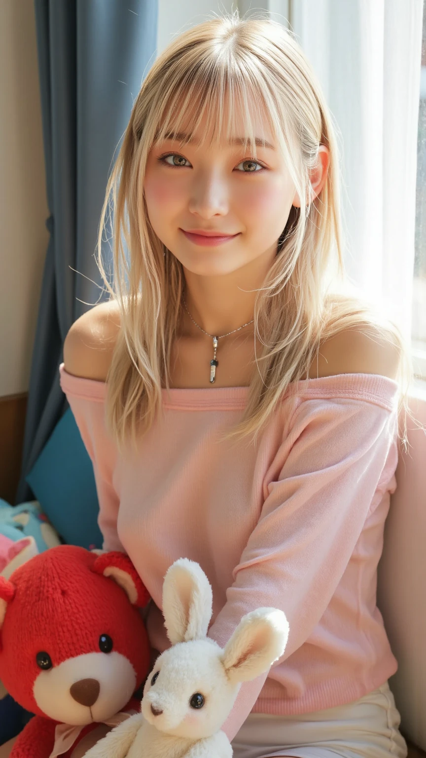 masterpiece、highest quality、4K、High resolution、18-year-old((russian woman))、looking at the camera、((smile1.6))、blonde、short hair、(White skin 1.6)、knit sweater、Inside the apartment