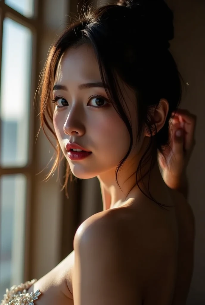 Best quality, masterpiece, ultra high res, (photorealistic:1.4), raw photo, 1girl, offshoulder, in the dark, deep shadow, low key, cold light