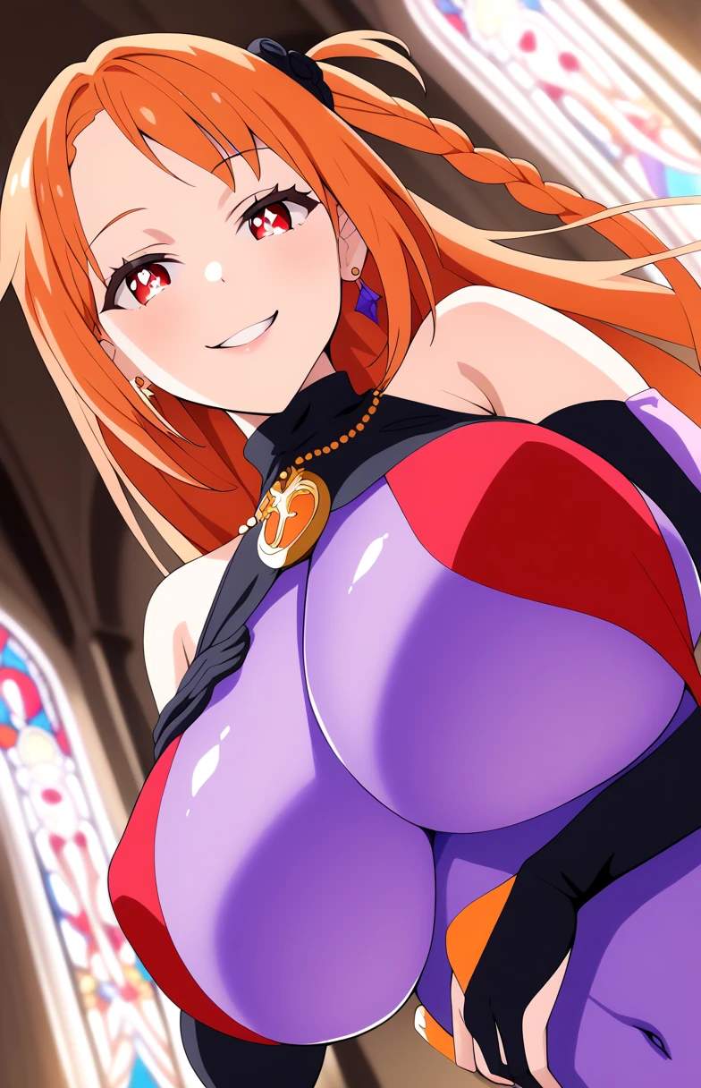 masterpiece,top-quality, high resolution, beautiful woman, standing,orange hair,long hair, orange eyes,AmeriA,wearing AmeriCL,pink thighhighs,orange high heel boots office, (crossed arms),(arms under breatreast rest), venusbody,((wide hips, thick thighs, gigantic breastacing camera,shiny skin, open mouth,detailed figure,