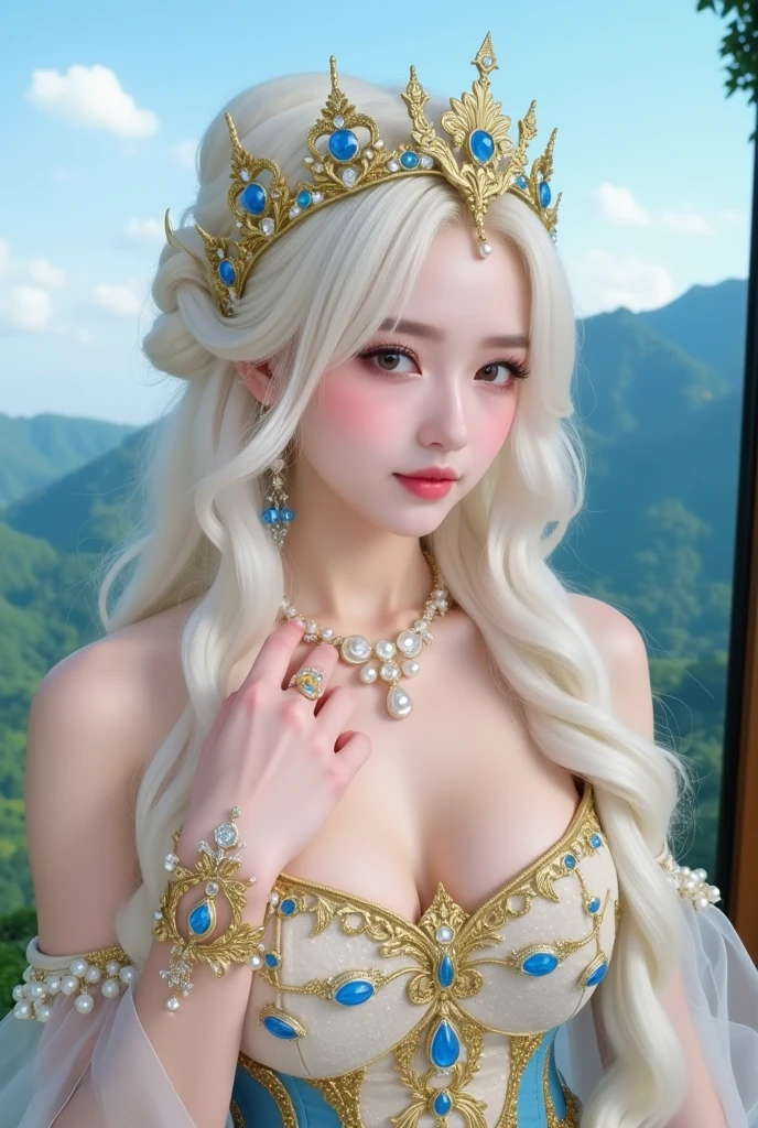 (intense chest expression）,top-quality、​masterpiece、超A high resolution、（Gold Dragon Armor）、(((Colossal tits)))、(((large floral ornament on the head))),(((Detailed Micro Bikini))),(Wearing a beautiful crown made of jewels),(Photorealsitic:1.4)、Raw photo、女の子1人、(((Random hair))、(((Take different poses)))、glowy skin、(((White Chinese Dragon)))、Intricate and ornate hair ornaments、（Looks like a gorgeous jewelry necklace）、（Full Body Angle）、（fight big dragonet bikini）、((Beautiful sea background)),Precipitous cliffs、(Castle background)、((super realistic details))、portlate、globalillumination、（sexypose）、Shadow、octan render、8K、ultrasharp、Colossal 、Raw skin exposed in the cleavage、metals、Details of complex ornaments、Japan details、highly intricate detail、Blue eyes、Eyes shining towards the camera、Toostock、（Full Body Angle）、（veils）、(((Heavy Big))),((she is wearing a beautiful jeweled bangle.)),Beautiful hip line、