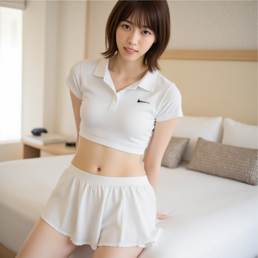 (((Small))),Side Shot,masterpiece, highest quality, High resolution, wallpaper, Realistic, Bright lighting, Professional Lighting, Face Light, Smooth lighting, Japanese Girls, ((Whole body 1.4)),Are standing, cute, smile, beautiful girl, gravure, sexy, so beautiful, Beautiful Skin, Beautiful and detailed、Detailed face、slim、Moderate, short hair, Blonde Hair, Brown Eyes, View your viewers,Golf player costume,mini skirt,On all fours、knee up.Pink Panties,Panty Shot,Small,Bare legs,