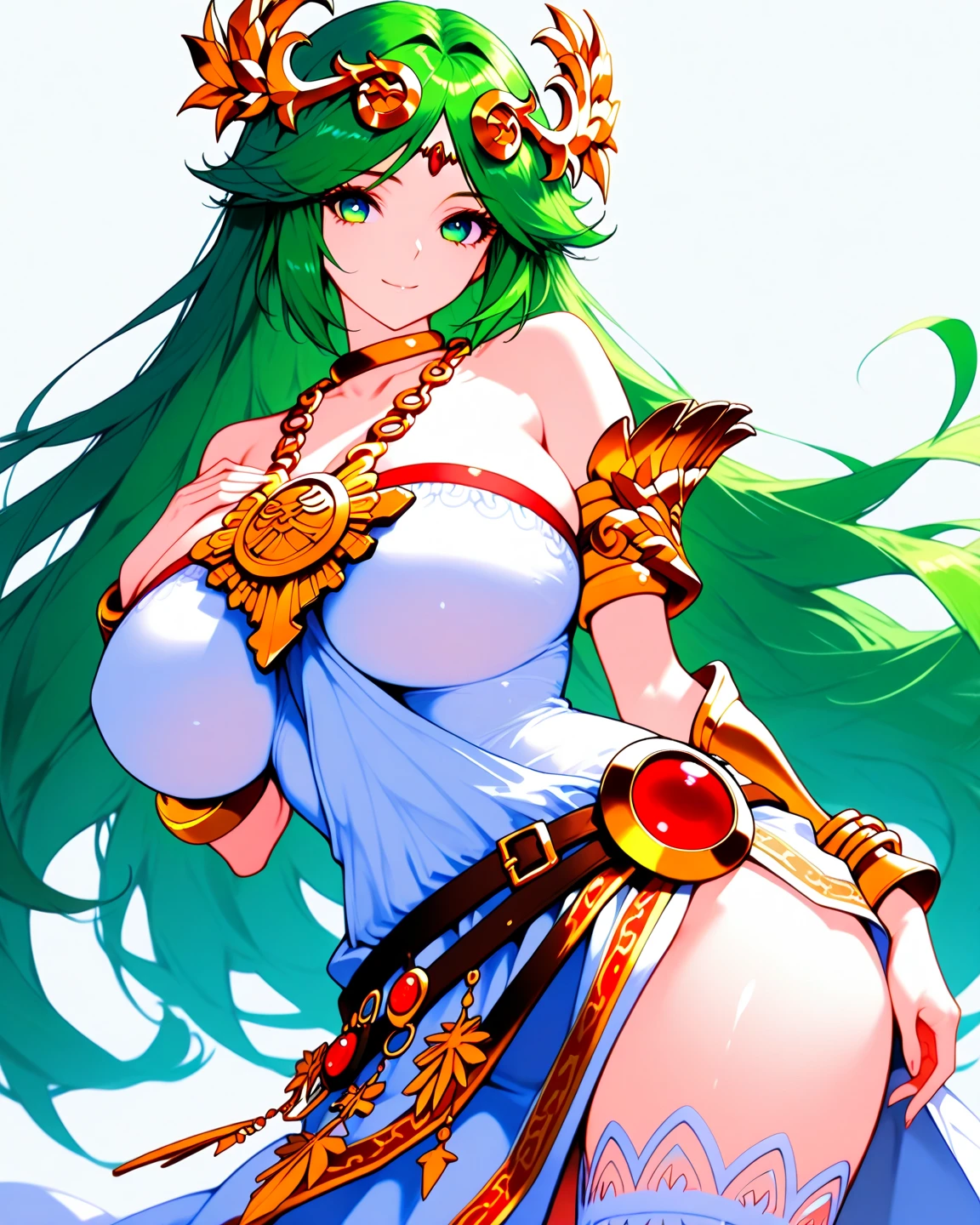 rhea, fire emblem, green eyes, long green hair, seductive woman, wearing crown, white dress, medium size breasts, massive ass, smiling with teeth showing, looking up at me, hand up to her mouth