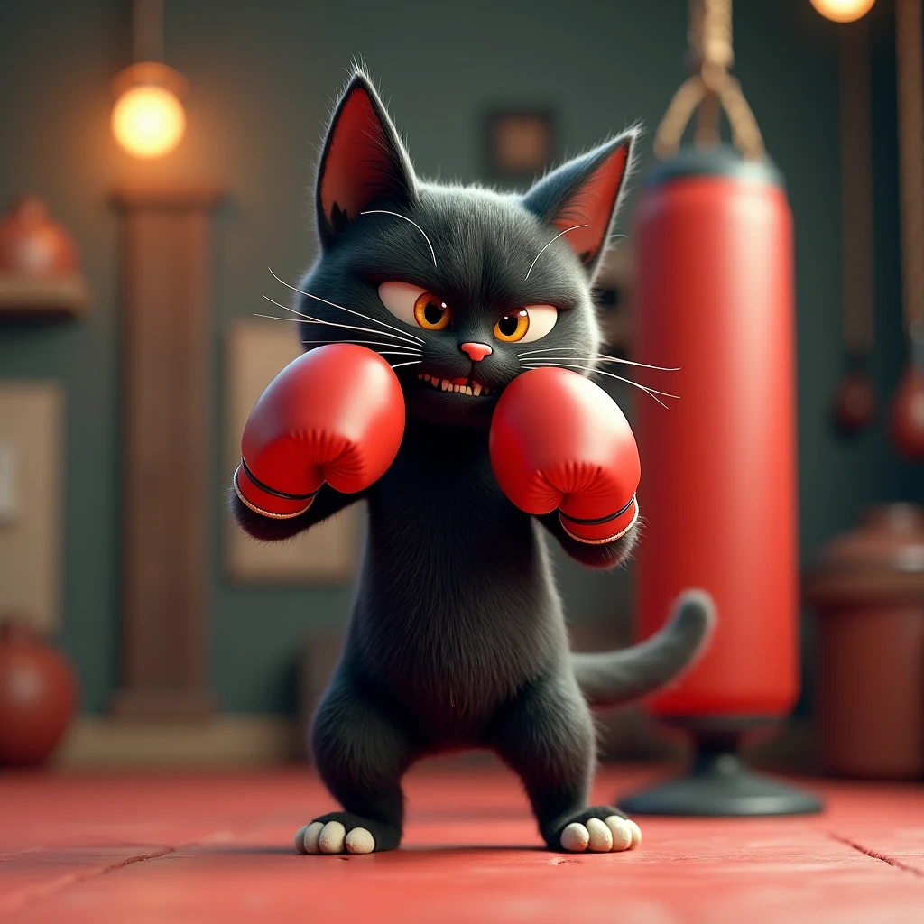 Today's theme is "The Healthy Existence of All Organisms". 3D animation. A black cat is training to improve the power of his cat punch. The black cat is hitting a punching ball in a boxing gym. The black cat is wearing red boxing gloves on his hands. Comical scene. Surrealism. The background is a boxing gym.
