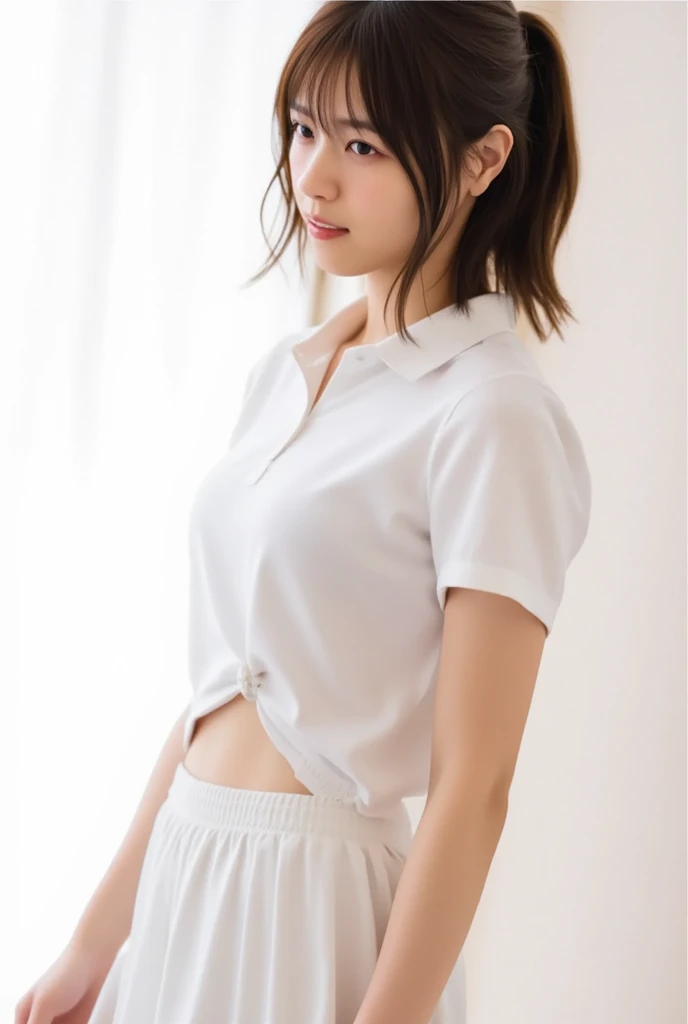 (highest quality、8K、32k、masterpiece、UHD:1.2)、photo of cute japanese woman、1 girl、(dark brown medium short hair)、Showing off a giant tit、double eyelid、Take off your white nurse uniform、little white nurse (cap) 、White sheer underwear、full body、open your legs、Showing off her sexy big ass、Crotch cleft、troubled face