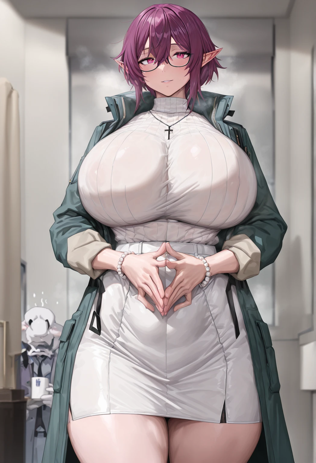 Female mechanic、(((nsfw、sex)))、Swollen nipples、Red eyes、Blunt Bangs、Silver Hair、Bobcut、Chubby、purple dress、Hands on chest、((vapor))、Shirt lift、((:d、Embarrassing))、(Sweat)、(Huge breasts)、Fat belly、Thick thighs、Dark concrete room、Glasses、