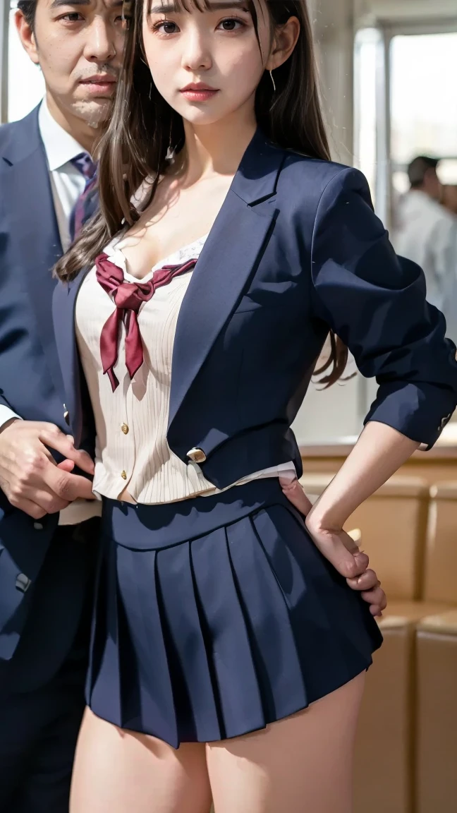 ,(Ultra-precise perfect piece:1.2), An illustration, masterpiece, (Extremely detailed 8K CG), (Extremely detailed 8K CG),riofutaba, adult, tall, mature, Gray brown hair, Brown eyes, Expressionless, Slightly blushing, ponytail, Scrunchie, Very high quality eyes, brown sweater vest, Beige vest, White shirt, ((Mid-chest)), Short sleeve shirt, Red tie, Blue pleated skirt, (Thighs) (((BREAK 2 people, One boy, One girl, (A boy grabs a girl from behind), (Holding her hand over another girl's mouth), Another girl's hand is covering her mouth。 Nice hands, Perfect hands, (Arms folded behind back), (Hands clasped behind back), Tied up, (Tied up腕), Boy's hand covering girl's mouth,very fine and beautiful eyes、Perfect Facial Proportions、High resolution skin、Slim body、Best 4 inch aspect ratio。 Very thin、Very fine、Very realistic、(German WWII General Uniform Standards:1.8)、Best Face Resolution、、Modest dress、Tight dress、(small、Black Hair、Black braid、Ultra-thin braids、Red glasses、Green Eyes、SF、Fighter、立っている Fighterの着陸時に、Agency、Highly intelligent personality、Calm expression、Red Response、war、Fighter BIGHIP BIGASS FUCKOFF FUCKFUCKFUCK
