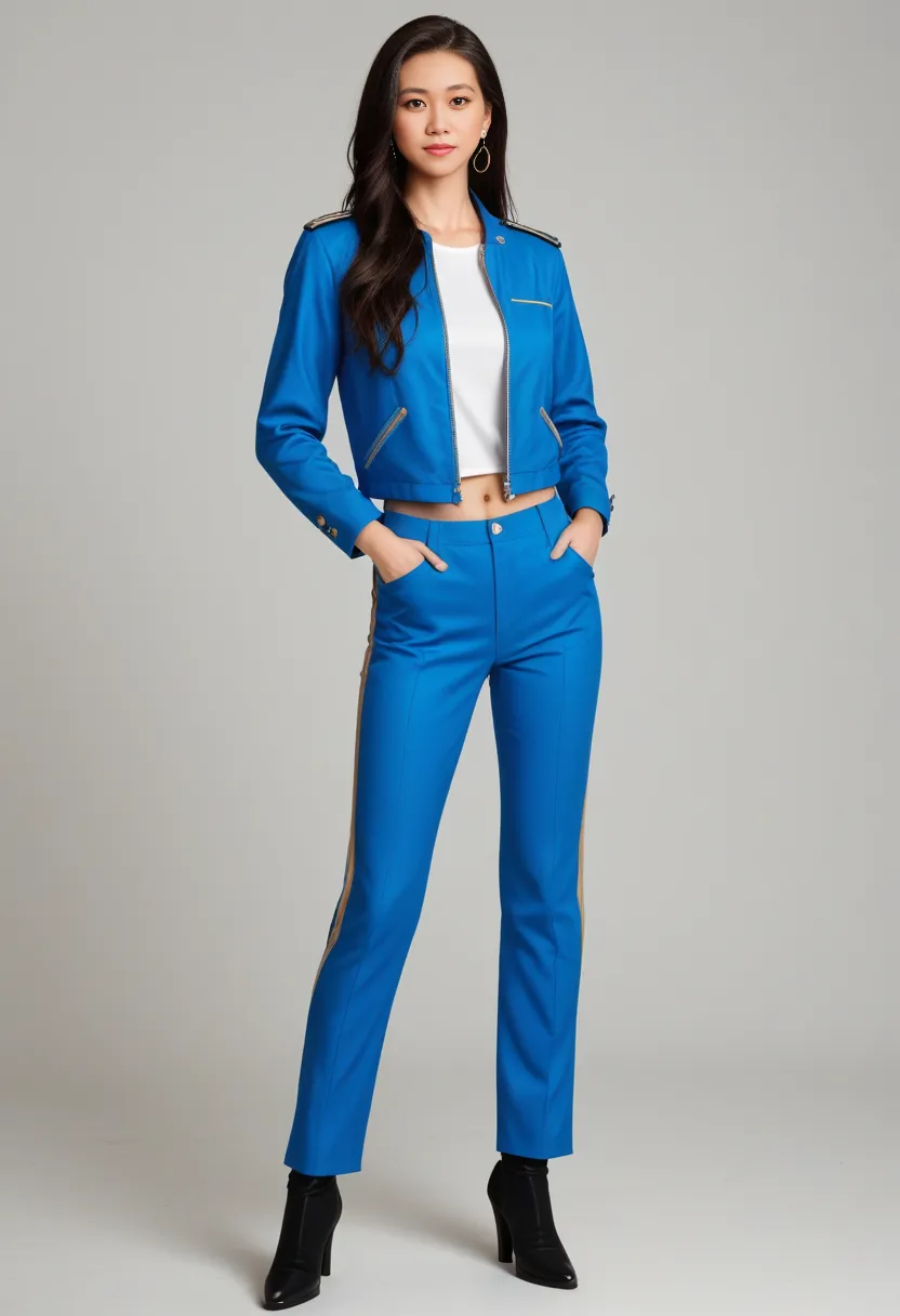 (super highest quality、In 8K、Masseter muscle part、nice illustration、Full body), She is wearing a light blue and white transformers costume suit that covers the whole body, nothing is exposed, wearing、25 year old Russian girl beautiful and charming woman 、slim body、ponytail, black hair, faintly standing straight and smiling looking forward.
The background is gray.