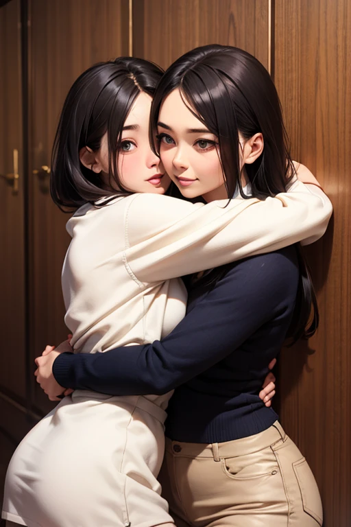 highest quality、4K quality、Woman in off-the-shoulder dresan touches woman、Man hugs woman、woman opens her legs wide、nude crotch、The woman is shy、A man inserts his penis into a woman