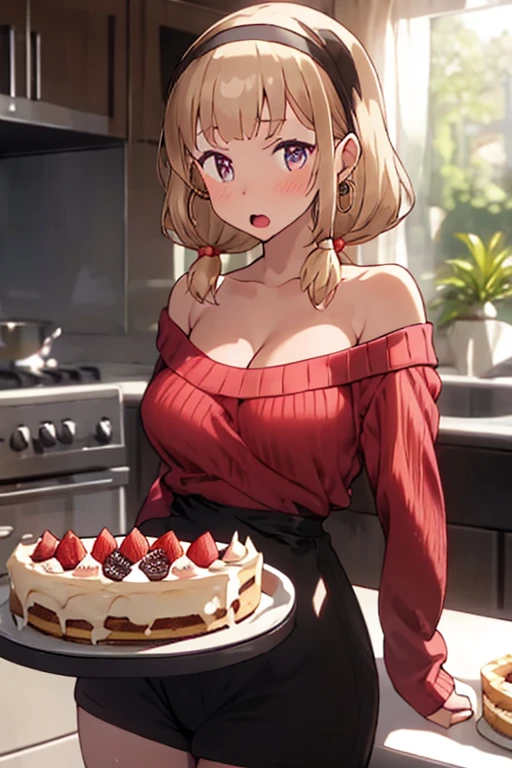 1 girl, small nose, very beautiful detailed face and eyes, bright colors, cute face, delicate beautiful face, Bright magenta eyes, cute eyes, sparkling eyes, Big eyes, (small breasts:1.3), (perky chest:1.1), (pointed chest:1.0), (cake magazine cover:1.3),highest quality, WorKs of masters, High resolution, Blonde color hair,shiny hair, side ponytail,hair between eyes,bangs, (black jacket, real clothes, cleavage, black skirts, black thighhighs, thigh strap, fingerless gloves, single glove:1.2) , spread legs, panties shot, medium hips, glamorous body, white skin, smile, thin pubric hair, super beautiful face, Super beautiful eyes, Super beautiful hair,trendy outfit,sexy and attractive,full body esbian, Real World, Natural light,perfect Natural light,(with sparkling eyes and a contagious smile), This masterpiece is not only visually stunning but also tells, make of cake cooking , in the kitchen, open mouth, looking at viewer,