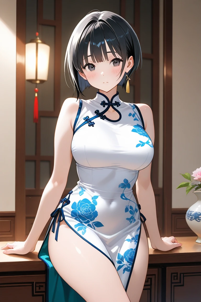(masterpiece: 1.3、Highest quality、Ultra-high resolution、Very detailed)、(Real、Photorealistic: 1.4)、Beautiful illustrations、Perfect lighting、Natural light、Depth of the Boundary、Beautifully detailed hair、Beautifully detailed face、Beautiful details、Beautiful body、Firm chest、Beautiful thighs、Beautiful legs、Beautiful Hands、Show to the viewer、One Girl、Very cute girl、(Perfect Anatomy、Anatomically correct)、Cute and symmetrical face、Baby Face、Perfect Face、Perfect Eyes、Shiny skin、((Night cityscape、Blurred Chinatown))、((25-year-old woman))、((Short black hair、Thin bangs、Rolled side bun))、((非常にLarge Breasts))、Cleavage、(((Large Breasts)))、Real、(live-action、Exquisite details))、((Blue and white porcelain cheongsam))、((Big black eyes))、(Short Chinese dress)、((Blue and white cheongsam))、((Leaning forward、Arms folded behind back))、Cowboy Shot