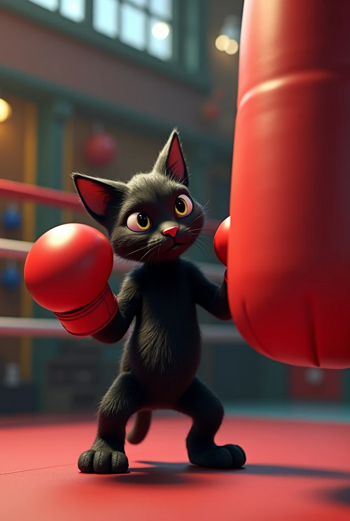 Today's theme is "The Healthy Existence of All Organisms". 3D animation. A black cat is training to improve the power of his cat punch. The black cat is hitting a punching ball in a boxing gym. The black cat is wearing red boxing gloves on his hands. Comical scene. Surrealism. The background is a boxing gym.