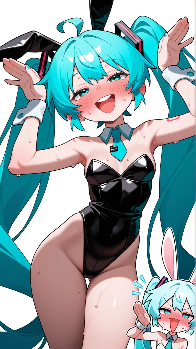 (8k, surreal,最high quality, high quality, High resolution, high quality texture, masterpiece:1.2, Detailed CG,detailed texture, unreal engine), digital rendering technology, (small face, realistic expression), (high detail skin:1.2), dragon ball, blmlong, aqua hair, blunt bangs, long hair, playboy bunny, rabbit ears, black pantyhose, red bowtie, wrist cuffs, black leotard, large breasts, wave with a smile:1.5, (((red star on orange background))),
