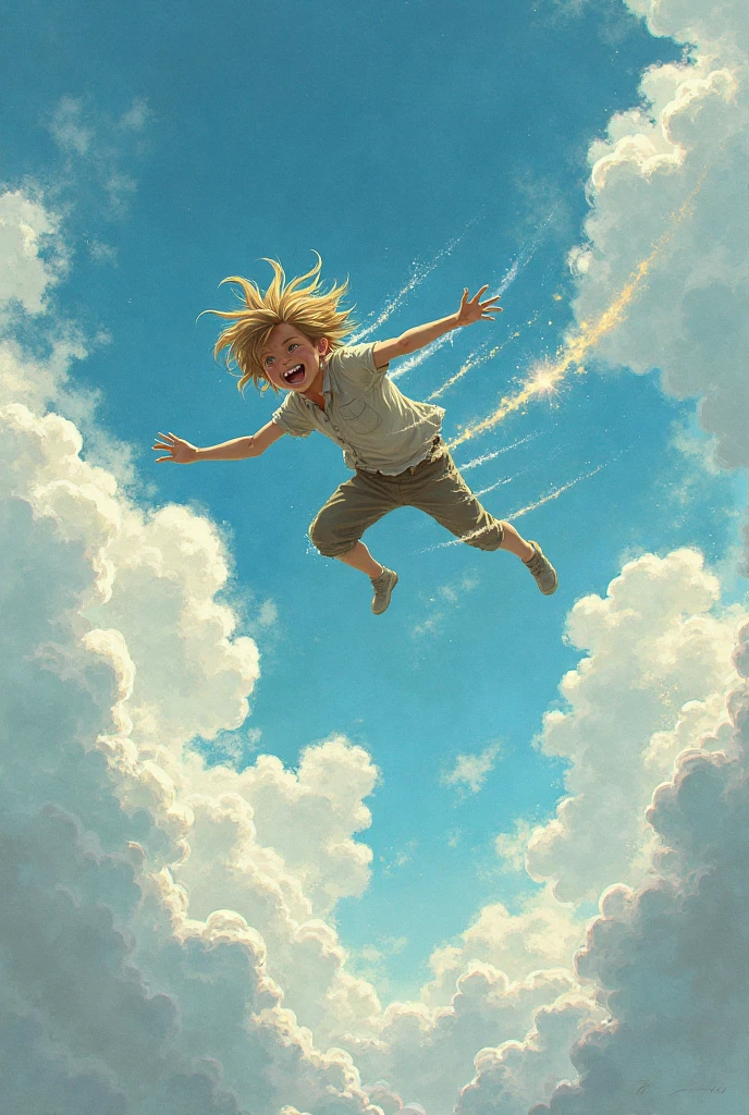 masterpiece!! , boy falling from the sky!!, cielo sereno Style Rhads y Thomas Kinkade, 8khdr sol ilumination!!!!