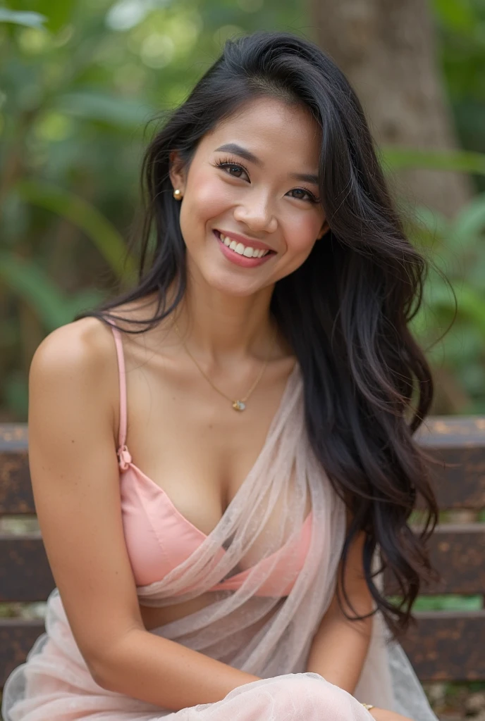 Malay girl wearing sexy pink black color satin bra and panties portrait photography, mid shot photo, ultra detail, professional photograph with professional lighting, smile, at the garden, outdoor background, curly hair, sexy seducing pose, curvy