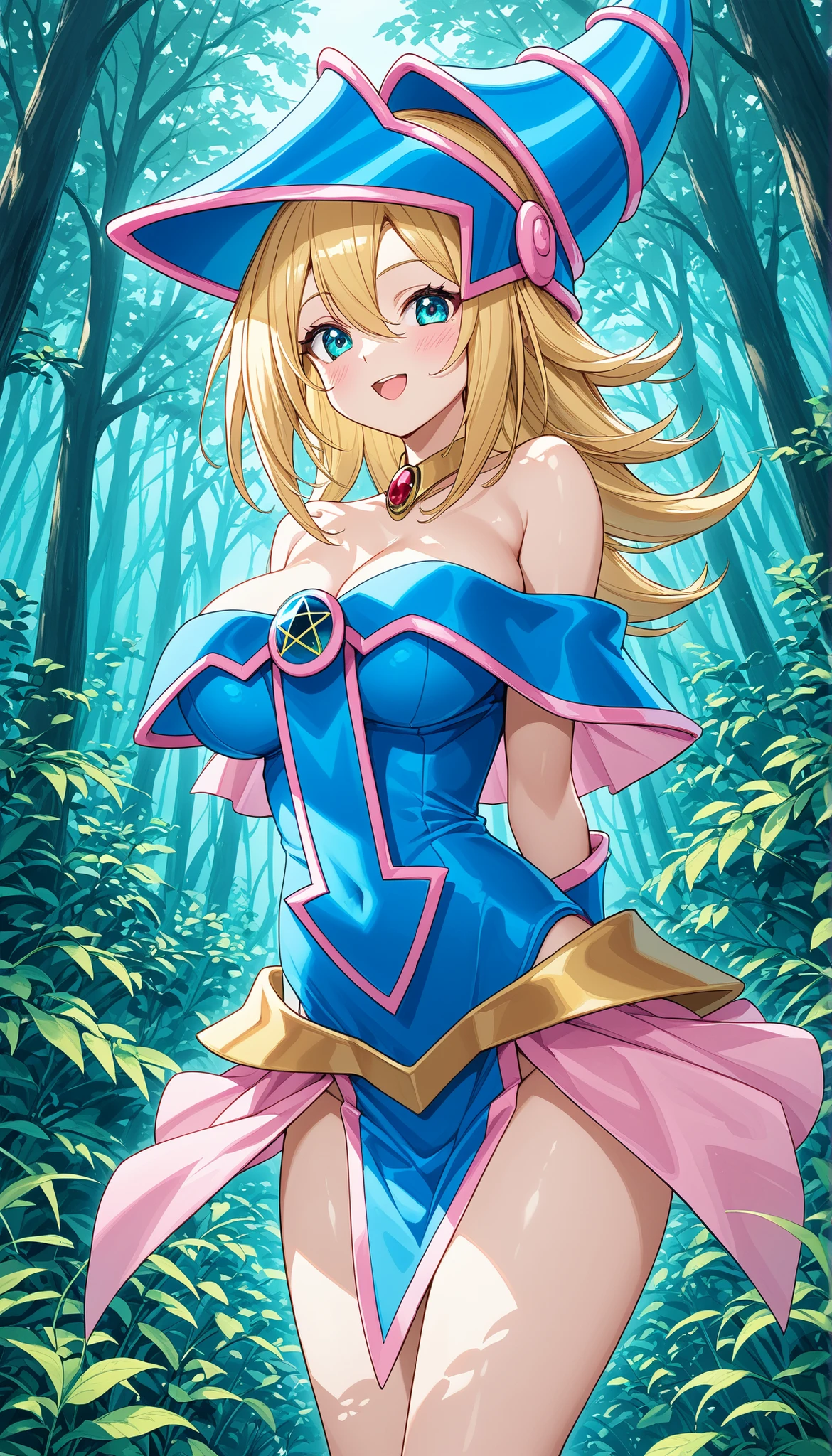 Very detailed、Highest quality、Best image quality、masterpiece、8k、Anime Face、A kind smile、Open your mouth、Blonde Hair Color、Black Magician Girl、Completely naked、All Nude、Medium size、Embarrassed look、forest、spring