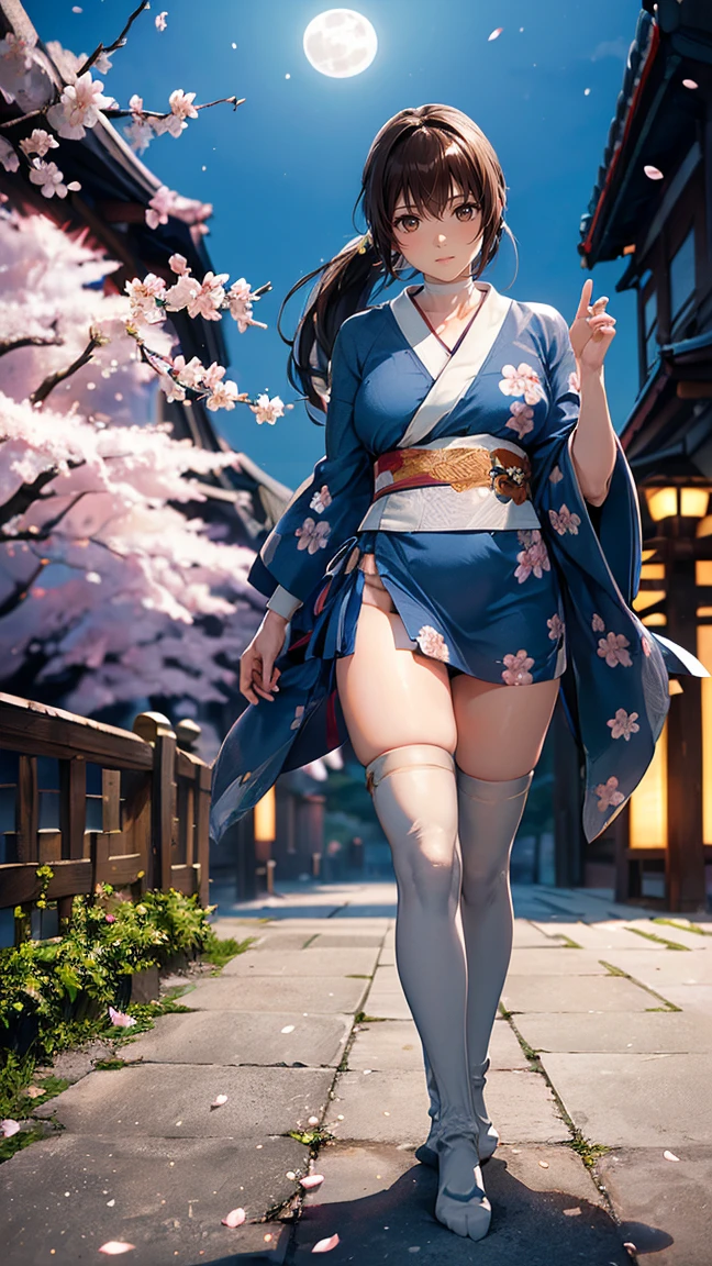 ((full body in perspective, varied perspectives, dynamic pose, varied poses, Ultra best quality)) master piece, a beautiful, hot geisha, Goddess of Beauty, goddess of flowers, Queen of Love, perfect woman, with flowing hair, lips full, thick thighs, silky (sweaty) skin, barefoot, wearing a kimono bikini, is standing with her back, looking back from under her shoulders with a smile, on a hill surrounded by flowers under a blue sky on a sunny day , while feeling the wind lightly blowing her hair (Hair in the wind) and scattered flower petals fly around ((open field, sharp depth of field)).