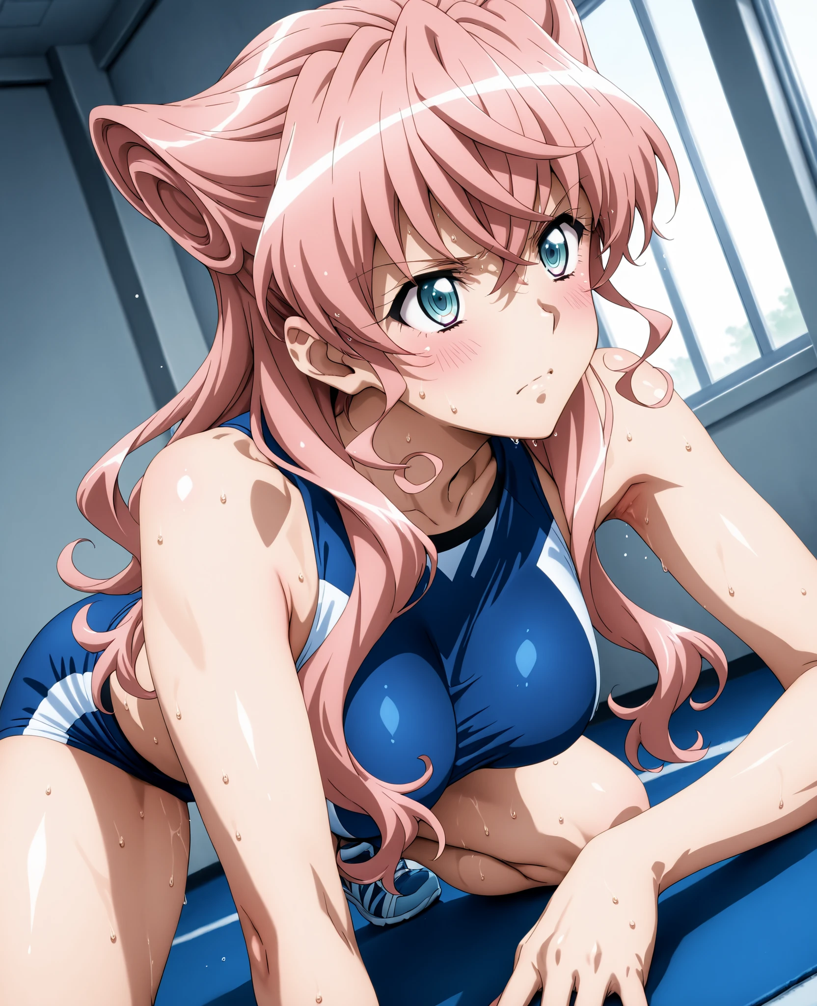 (1 woman)、裸、何も着ない、膣、symphogear,Maria Cadenzavna Eve、sports gym、DYNAMIC POSE、dynamic angle、sweaty skin、裸、全裸、トレーニング、